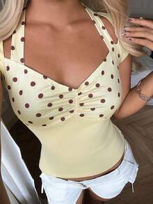 SHEIN CovetEZ Áo thun nữ màu vàng kiểu dáng thường ngày, in chấm bi, tay bồng. - Màu vàng - Xem 6