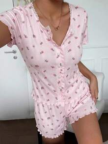 DAZY 2pcs Sweet Ditsy Floral Ruffle Trim Short Sleeve Shorts Pajama Set For Women, Summer - Baby Pink - View 4