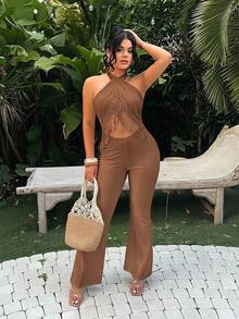SHEIN SXY 女士性感露背吊带流苏细节喇叭连体裤，夏季 - 棕色 - 查看 6