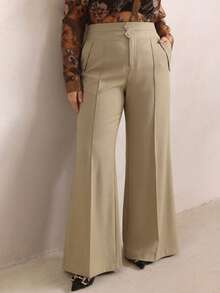 Anewsta Quần ống loe kaki cạp cao hai lớp có túi, thanh lịch dành cho nữ, mùa xuân/thu. - Màu Khaki - Xem 5
