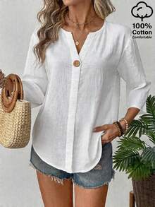 EMERY ROSE Women's Solid Color V-Neck 3/4 Sleeve Casual Shirt - White - View 3