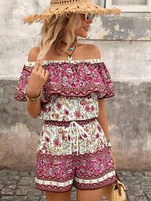 Brillora Setelan 2 Potong Wanita Motif Bunga Boho, Atasan Bahu Terbuka Berkerut dan Celana Pendek Bertali Serut, Warna Beige, Pakaian Kasual Liburan Pantai Musim Panas - Purple - View 9