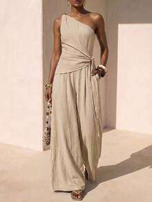 Zivah Women's Sleeveless Loose Jumpsuit With Asymmetric Shoulder Design - Khaki - View 6