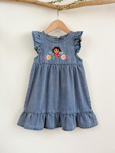 DORA | SHEIN Đầm denim mùa hè dáng rộng in hình hoạt hình, viền bèo nhún cho bé gái