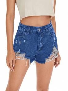 SHEIN Holidaya Shorts vaqueros de talle alto versátiles y desgastados, para el verano - Azul - Ver 3