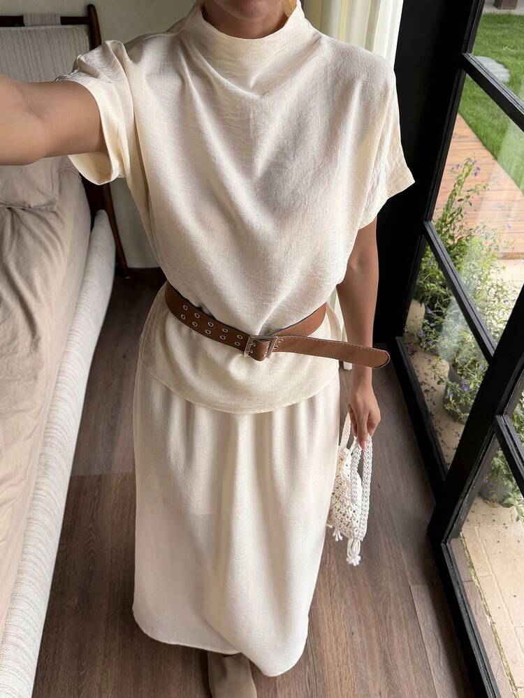 Women's High Neck T-Shirt And Mini Skirt 2 Pieces Set, Suitable For Spring And Summer Lounge Sets For Women