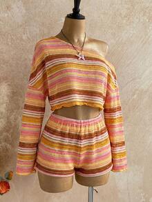 Soleia Bộ đồ thể thao nữ đi nghỉ mát, kẻ sọc, cổ áo bất đối xứng, áo crop top và quần short (2 món) - Nhiều màu - Xem 3