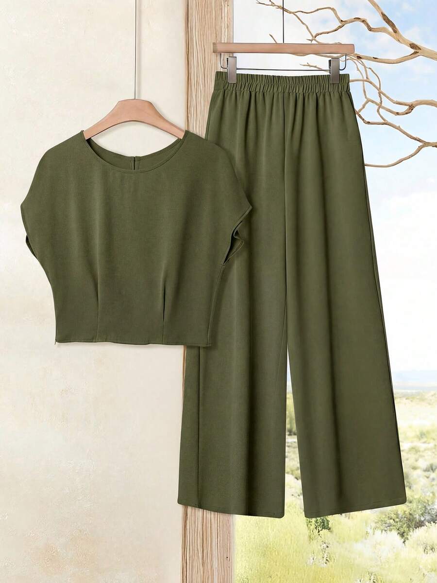 Rusticease Women's Casual Solid Color T-Shirt & Pants 2 Pieces Set,Vacation Outfits Women - Olive Green - View 1