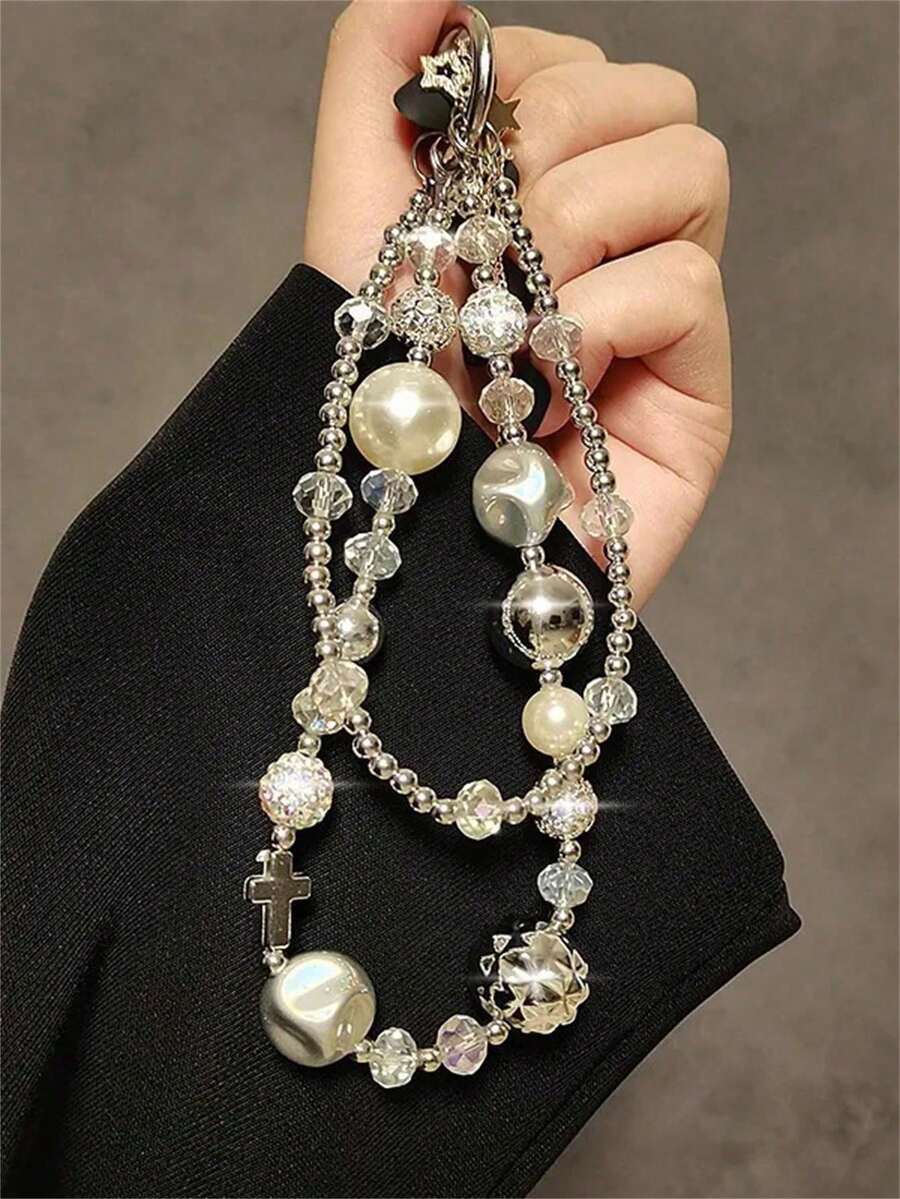 奢华、高端、时尚、创意双珠水钻手链腕带短挂绳手机壳装饰手机链礼物,送给母亲、家人、朋友的生日和节日礼物,手机挂饰 - 銀白色 - 查看 1