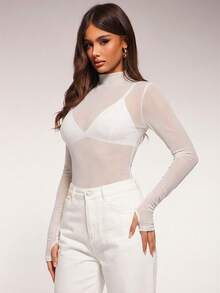 Radiana Damen sexy lässiges transparentes Mesh Langarm Bodysuit mit hohem Kragen, durchsichtiges Top, vielseitig kombinierbar, lässiger Alltags-Look, figurbetonter Slim Fit, geeignet für Nacht, Party, Club, Nachtclub, Cocktail, Festival, Urlaubsoutfit - Weiss - Übersicht 3