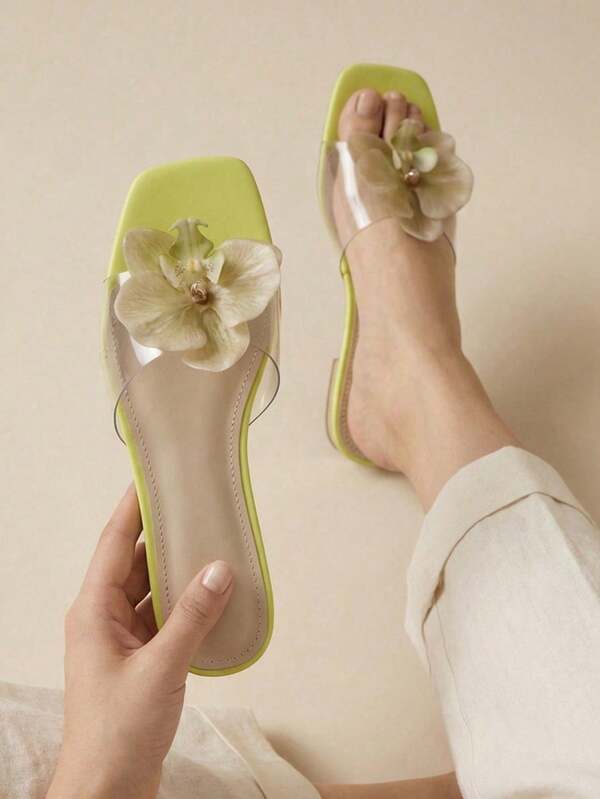 Sandalias elegantes Chanclas viaje boda planas mujer flor aplicación modernas cómodas elegantes plantilla suave desliza casual vestir verano moda urbana versátiles