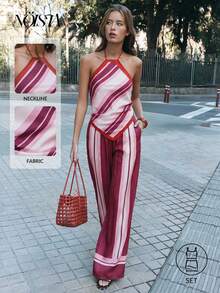 Nöista Co-Ord Halter Neckline With Red Trim And Diagonal Navy, White, And Gray Stripes On The Top. The Wide-Leg Pants Continue The Vertical Stripe Pattern. Set, Spring, Summer, Easter. - Pink - View 1
