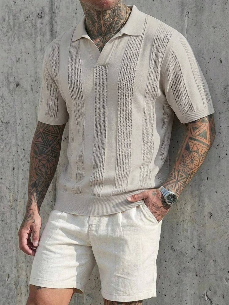 Men's Solid Apricot Polo Collar Knit Top, Summer