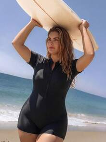 Swim Mulvari Bộ đồ bơi liền thân kiểu dáng Trung Đông dành cho người trưởng thành, màu trơn, mới nhất mùa Xuân/Hè 2026, có váy rời, đệm mút có thể tháo rời, thiết kế khóa kéo phía trước, ôm sát, kiểu dáng thể thao với váy thắt eo thanh lịch, đồ bơi thời trang thường ngày cho kỳ nghỉ biển. - màu đen - Xem 11