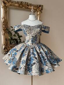 Lovelzi 优雅奢华提花缎面露肩抹胸连衣裙，饰以手工水钻，高腰蓬松A字裙摆，可调节系带，适合约会、单身派对、婚礼、返校、音乐会、下午茶等各种正式场合，女士短款鸡尾酒会礼服 - 藍色 - 查看 2