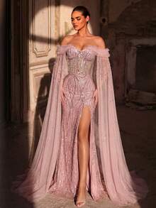 Glamrae Elegant Luxurious Pearl Sequin Mesh Splice Off-Shoulder 3D Rhinestone Handmade Beaded Sheer Extra Long Sleeve Mermaid Side High Slit Tie Formal Dress - Pink - View 3