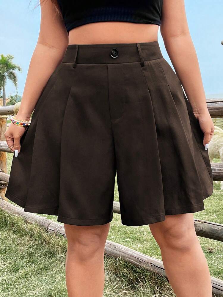 Ceyna Plus Size Elegant Minimalist Solid Black Long Shorts For Women - Coffee Brown - View 5