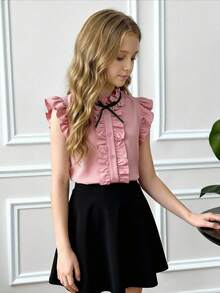 Elladie kids 少女春夏休闲优雅通勤甜美圆领无袖荷叶边复古风衬衫，纯色衬衫 - 粉色 - 查看 4