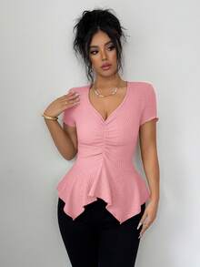 SHEIN Elenzya 女士华夫格针织V领短袖荷叶边下摆不对称下摆优雅浪漫通勤T恤，春夏款 - 粉色 - 查看 7