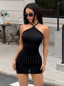SHEIN Unity Rivet Decor Backless Halter Bodycon Mini Dress - Black - View 6