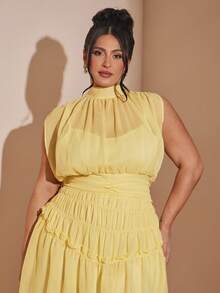 SHEIN BAE Stand Collar Tie-Up Waist Off-Shoulder Dress, Versatile - Yellow - View 5