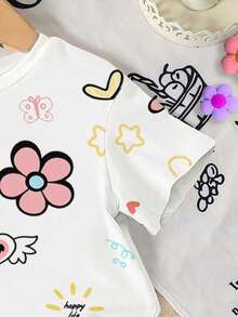 6pcs/Set Baby Girls' Casual Cute Floral,Leopard Bow & Letter Print Short Sleeve T-Shirt & Matching Shorts,Summer Multicolor Vacation Outfits - Multicolor - View 6