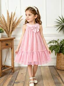 SHEIN Vintaside Kids 女童优雅公主吊带提花刺绣双层荷叶边宽松公主裙，适合度假、旅行、派对、送礼、春秋季穿着 - 粉色 - 查看 4