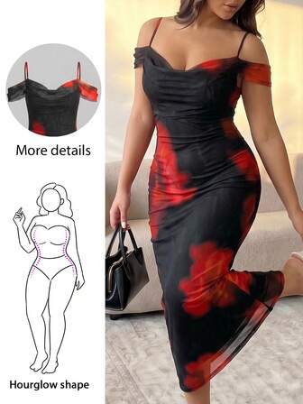 Hourglow Plus Size Elegant Floral Print Cold Shoulder Spaghetti Strap Dress, Summer, For Hourglass Body Shape