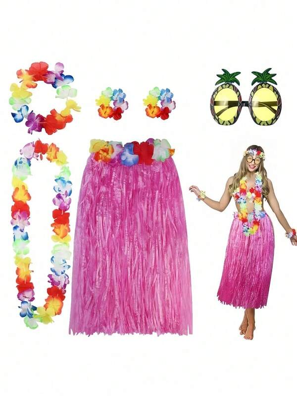Set de 6 piezas: Falda de hierba hawaiana de 40/60 cm, con collar de flores, pulsera, diadema y gafas de sol con piña, falda de hierba hawaiana para adultos, adecuada para disfraces de fiesta luau, decoración de fiestas tropicales de playa, bodas y cumpleaños, decoración de fiestas (rosa)