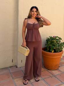 棕色编织亚麻背心和裤子套装 - 棕色 - 查看 4