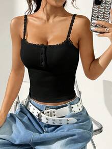 SHEIN EZwear Casual Black Rib-Knit Crop Top For Women With Scallop Trim Spaghetti Strap And Buttons - Black - View 4