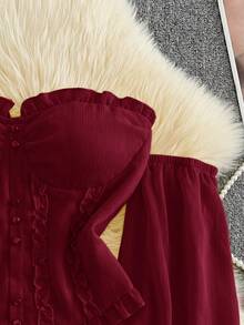 Franclia Top corto con volantes, hombros descubiertos, botones de perlas falsas y mangas acampanadas en estilo retro francés rosa - Burdeos - Ver 4