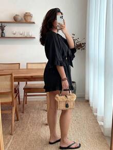 Enliva Bộ đồ liền thân tay cánh dơi màu trơn cỡ lớn cho ngày lễ, viền xếp nếp, thắt eo, quà tặng Ngày của Mẹ, quần áo lễ Phục sinh, trang phục đi nghỉ cho phụ nữ, trang phục hòa nhạc cho phụ nữ - màu đen - Xem 3