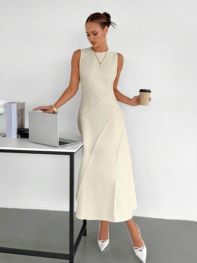 Siren Gaze Simple And Elegant French-Style Sleeveless A-Line Maxi Dress With Fitted Waist; Sophisticated Round Neck Solid Color Dress; Women's Summer Dress, Flattering And Slimming, Perfect For Dates And Banquets; Dresses For Holidays, Elegant Dresses For Ladies.