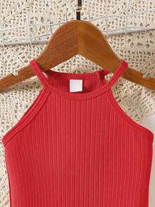 SHEIN Genkimix Kids 1 chiếc đầm dệt kim xoắn có tua rua cho bé gái, thích hợp cho kỳ nghỉ ngoài trời ở bãi biển, mùa hè. - Đỏ - Xem 4