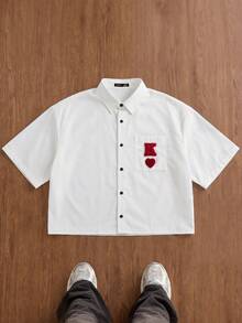 Manfinity Unisex Camisa casual de manga corta con bordado de letra para hombres, de solapa sencilla - Blanco - Ver 2