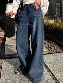 Dazy Tall 女士宽松阔腿牛仔裤，休闲街头风 - 深色水洗藍 - 查看 4