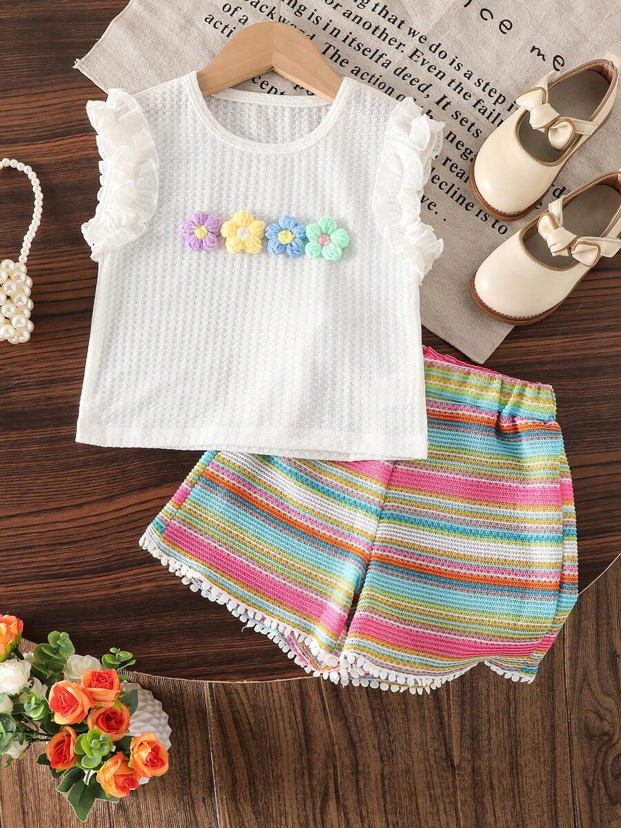 SHEIN Elladie kids 两件套女童夏季休闲套装，饰有色彩缤纷的3D立体花卉图案，荷叶边袖口，针织面料，适合休闲、度假、运动、周末购物、野餐、海滩派对等场合。