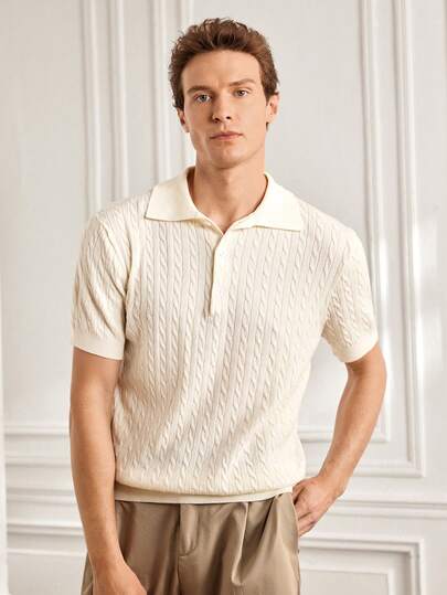 Officeau Men's Solid Color Knit Short Sleeve Sweater With Ribbed Trim And Buttons, Casual For Spring/Summer