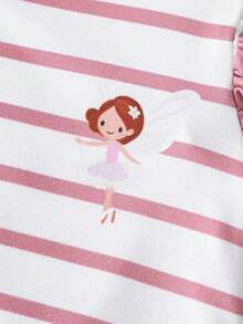 SHEIN 3pcs/Set Colorful Heart Striped Print Ruffle Hem Round Neck T-Shirt, Soft & Comfortable Casual Cute Spring/Summer New Arrival - Pink - View 4