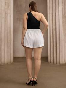 Flouryn New Spring/Summer Asymmetrical Shoulder Brown Fitted Top And Shorts 2 Pieces Set, Plus Size Gym - Multicolor - View 2