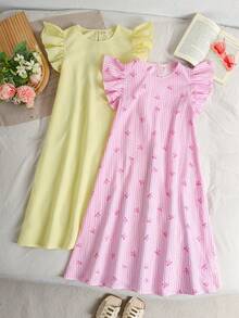 SHEIN Tween女孩2件套洋裝，荷葉袖、A字版型、蝴蝶結設計，黃色紋理布料，時尚夏季度假休閒校園寬鬆款 - 粉色 - 查看 2