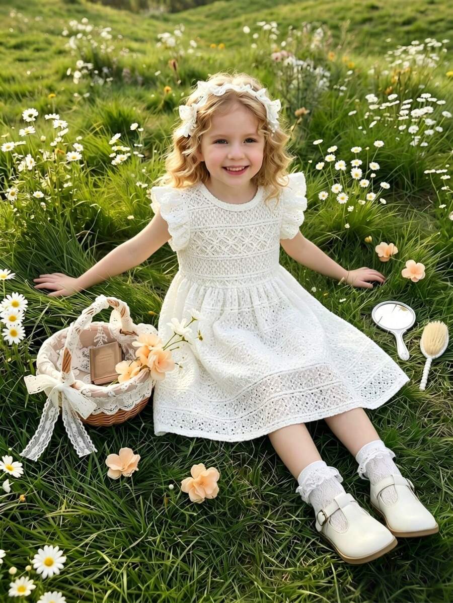 Souflis Souflis French Style Girls Toddler White Delicate Cap Sleeve Round Neck Dress,Elegant Summer Flower Girl Holiday Fashion For School Outing And Shopping - White - View 1