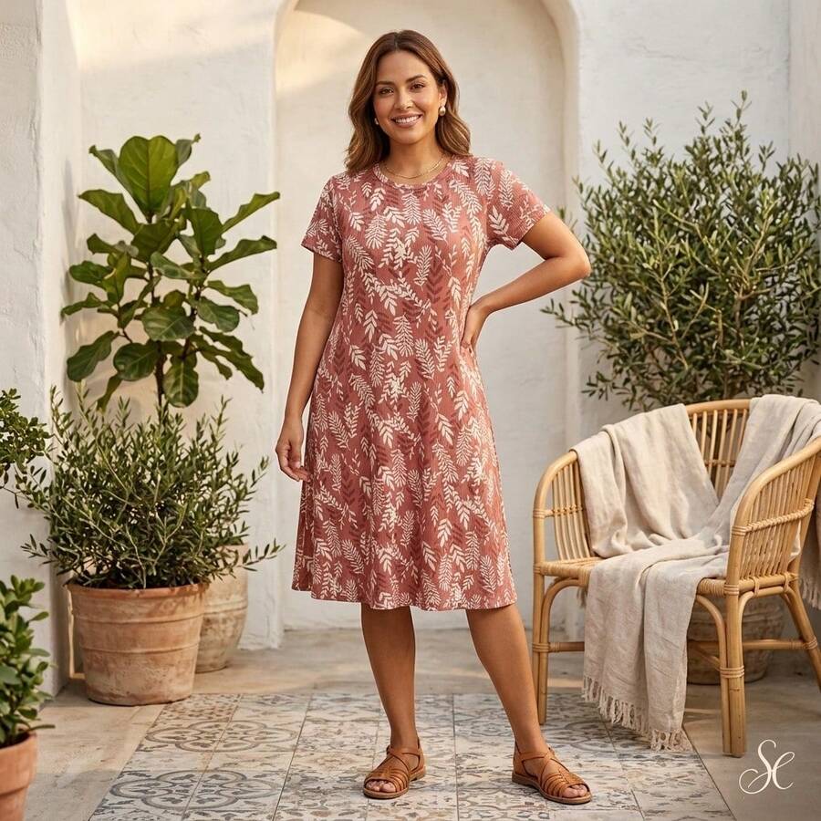 Vestido Midi con Estampado Botánico corte A - Rosa - Ver 1