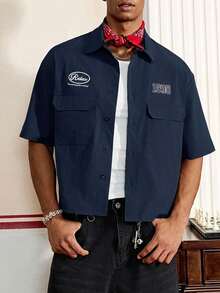 SWAVVY 男士字母印花短袖单排扣工装口袋衬衫 - 寶藍色 - 查看 1