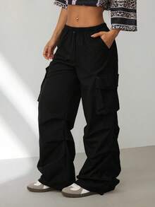 SHEIN PETITE 女士夏季街头复古西部风Y2K低腰降落伞工装裤 - 黑色 - 查看 7