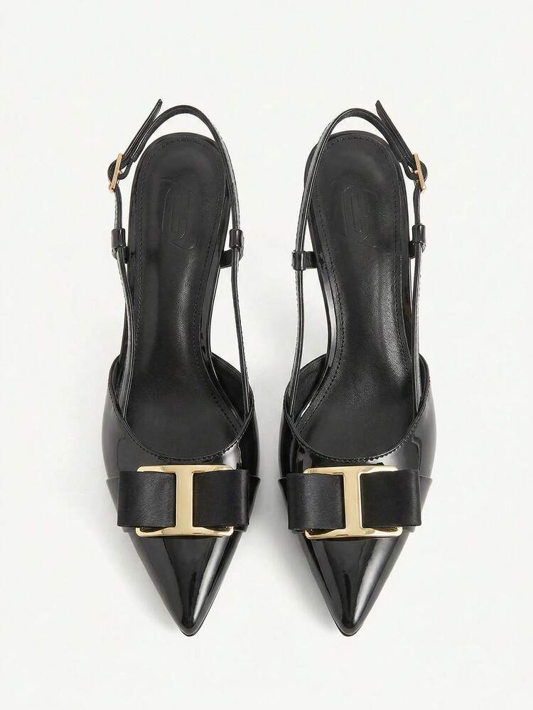 CUCCOO CHICEST Women Shoes Spring, Summer And Autumn Metal Buckle Decorative Bow With Pointed Tip And Thin Heel Black Pu Leather Sandals, French Elegance/Light Luxury Retro Style, Dating, Commuting, Afternoon Tea Parties, Also Suitable For Girlfriends Gatherings, Light And Mature Parties, Etc