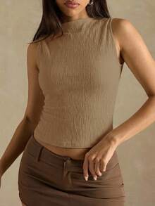 SHEIN BAE 女士纯色立领修身休闲背心 - 卡其色 - 查看 5