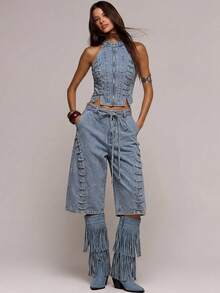MUSERA Quần short denim dáng rộng, buộc dây, kiểu dáng gợi cảm, thích hợp cho mùa xuân hè, hẹn hò, đi club, lễ hội, kỳ nghỉ, du lịch. - Rửa nhẹ - Xem 5