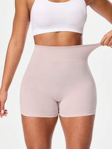 Seamluxe SHEIN Sport 女士无缝高腰塑身运动短裤，夏季 - 米色 - 查看 5